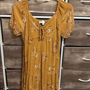 Pink Rose Floral Mustard Yellow Dress with Puff Sleeves Size L